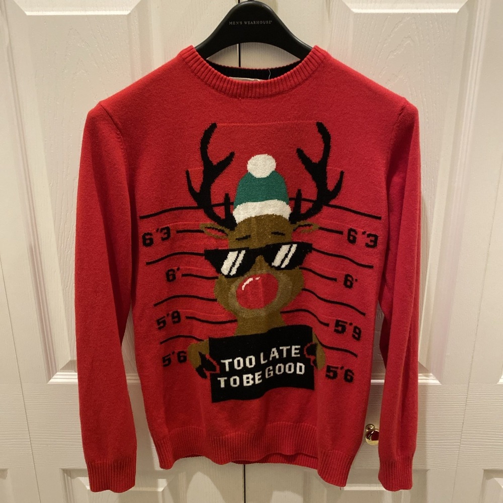 H&M Ugly Christmas Sweater Youth 14 Red Reindeer Bad Good Mugshot - Picture 1 of 7